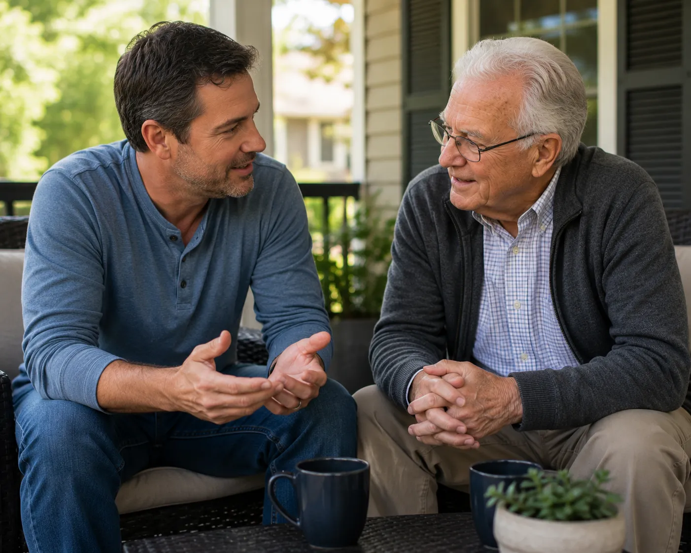 Son and father having a calm conversation about moving to assisted living